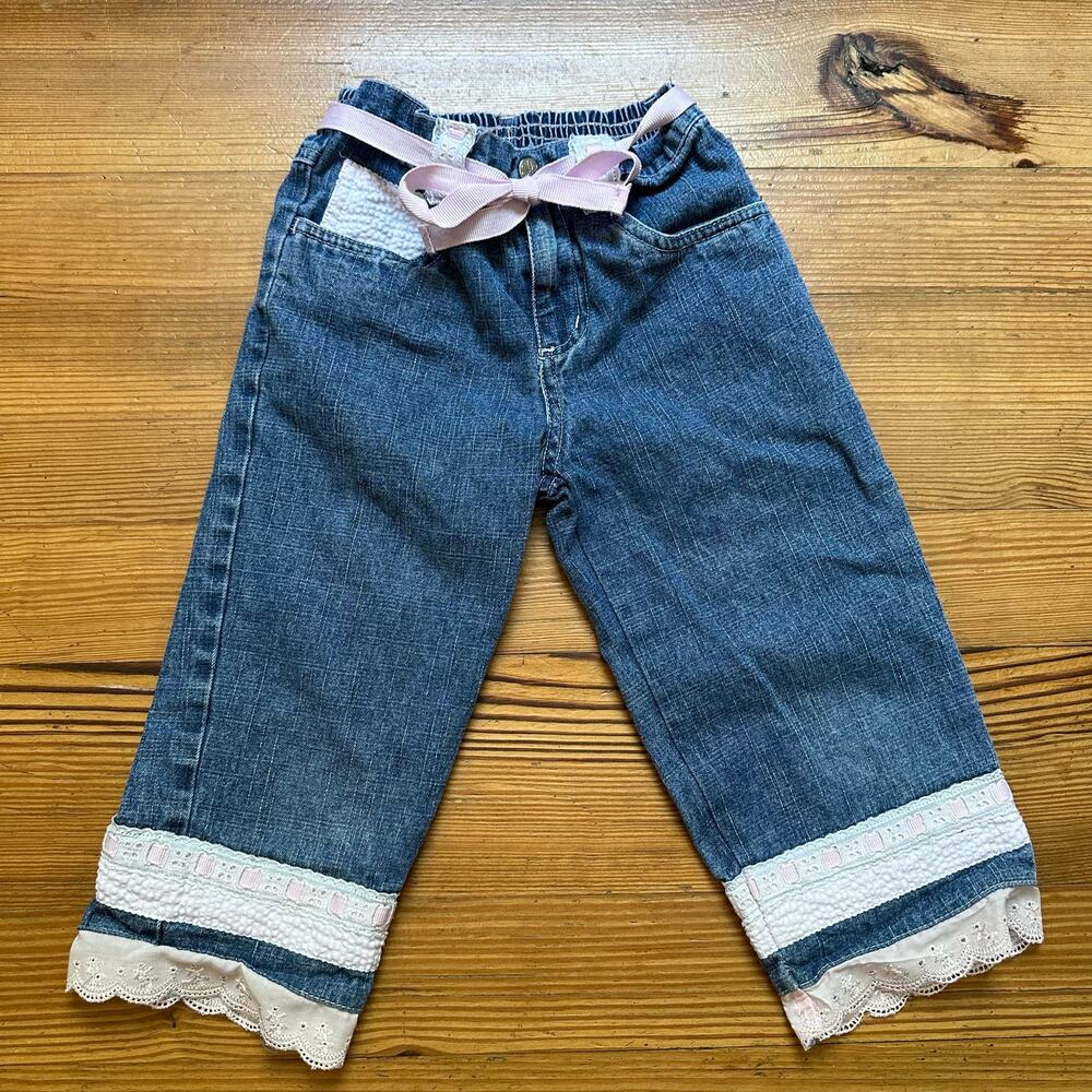Bunny Business vintage pink lace seersucker medium wash wide leg jeans SIZE‎ 6